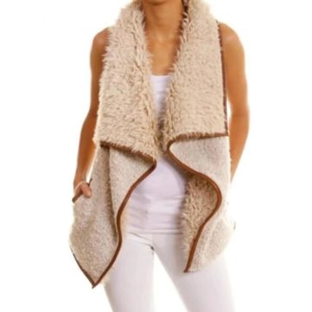 BB Dakota Fur Vest Women's Size Large Cream Faux Fur Brown Trimmed Vest Festival